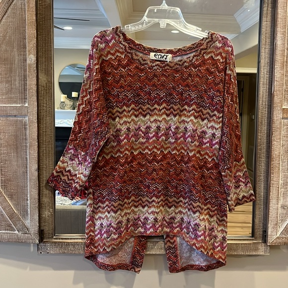 Envy Sweater Button Slit Back Womens Large Burgundy Tan Lightweight - Picture 1 of 12